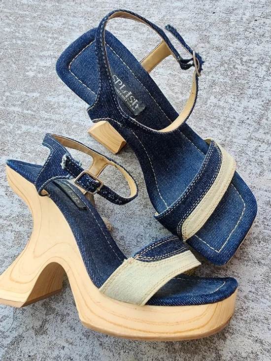 Vintage Y2K Splash Denim Platform Unique Cutout Heel Platform Sandals, Sz 6 - Picture 1 of 10